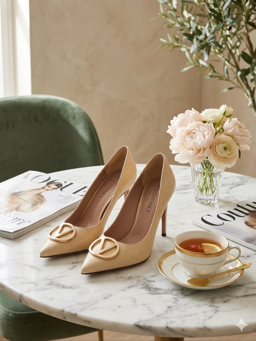 Valentino Clara Logo  Beige Leather Pointed-Toe Pumps with Logo Medallion